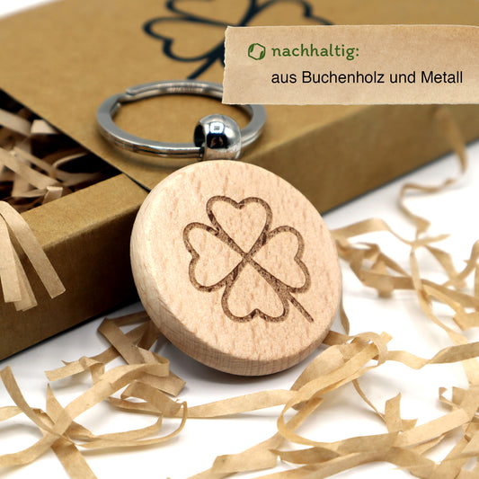 MORWE Schlüsselanhänger aus Holz mit Kleeblatt-Gravur – Glücksbringer für den Schlüsselbund