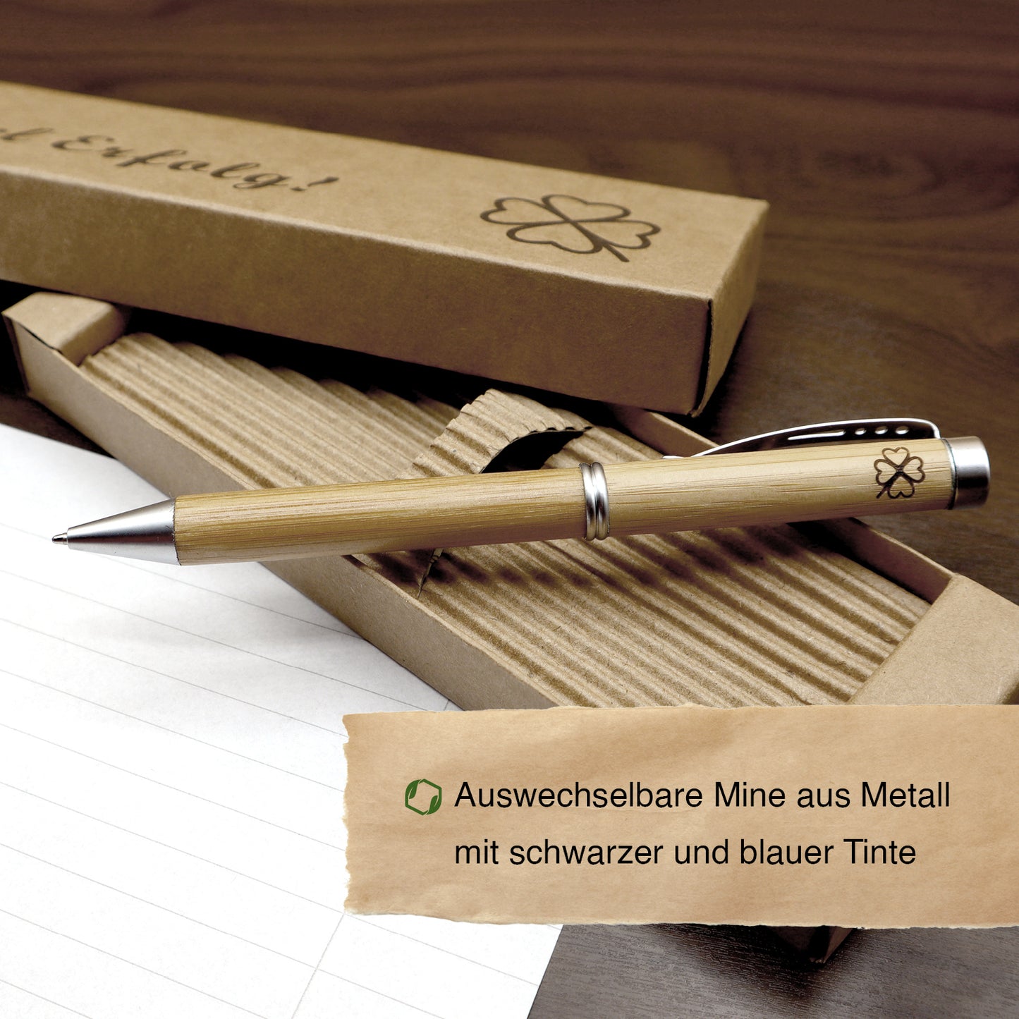 MORWE Bambus-Kugelschreiber mit Kleeblatt Gravur – Nachhaltiges Geschenk als Glücksbringer
