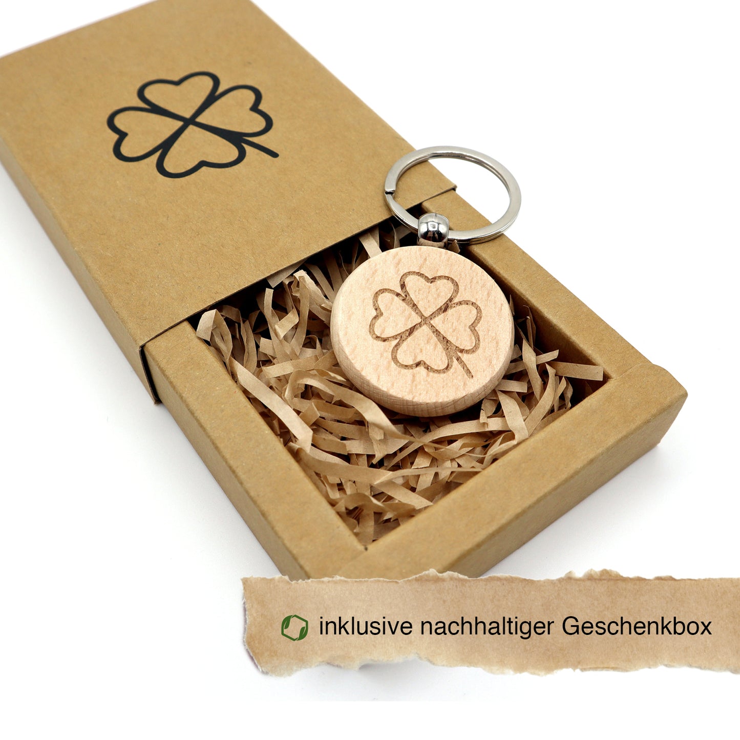 MORWE Schlüsselanhänger aus Holz mit Kleeblatt-Gravur – Glücksbringer für den Schlüsselbund
